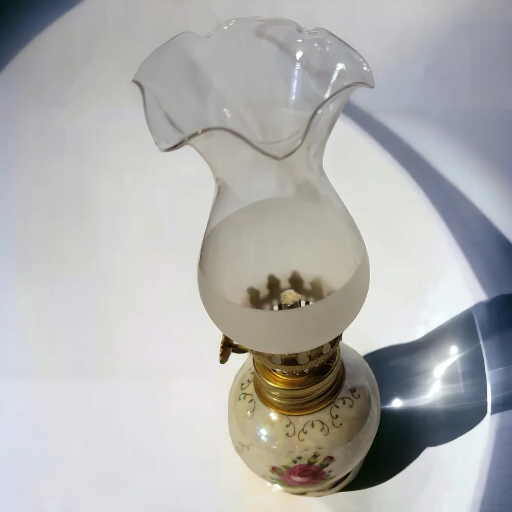 Vtg Mini Oil Kerosene Lamp Iridescent Lusterware Floral Brass Frosted Shade